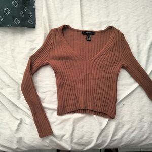 Brown Ribbed V-Neck Sweater